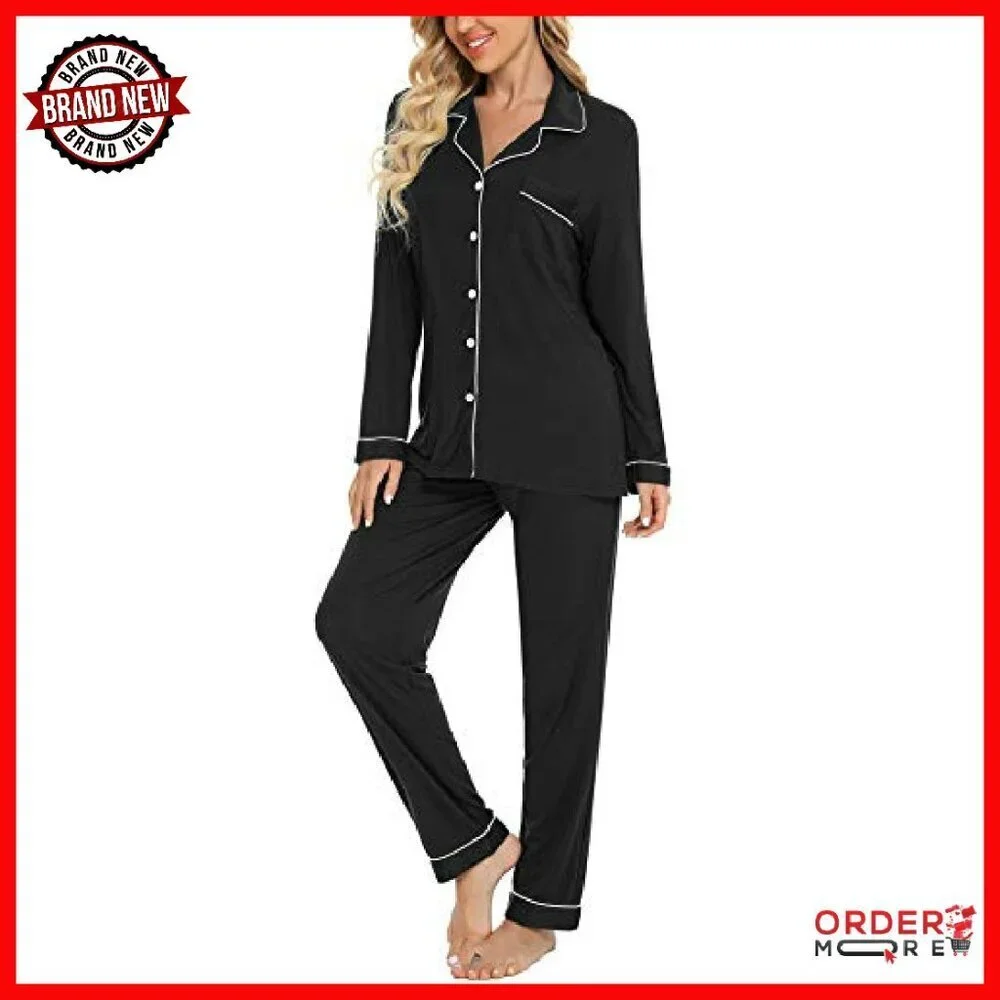 Soft Button Up Pajama Set Long Sleeve Shirt & Pants Lounge Wear